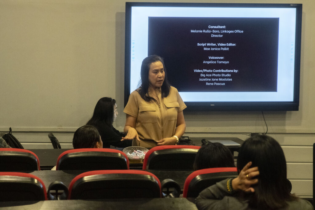 Ms. Melanie Rulla-Saro, the Director of the Linkages Office, is seen giving her presentation in 